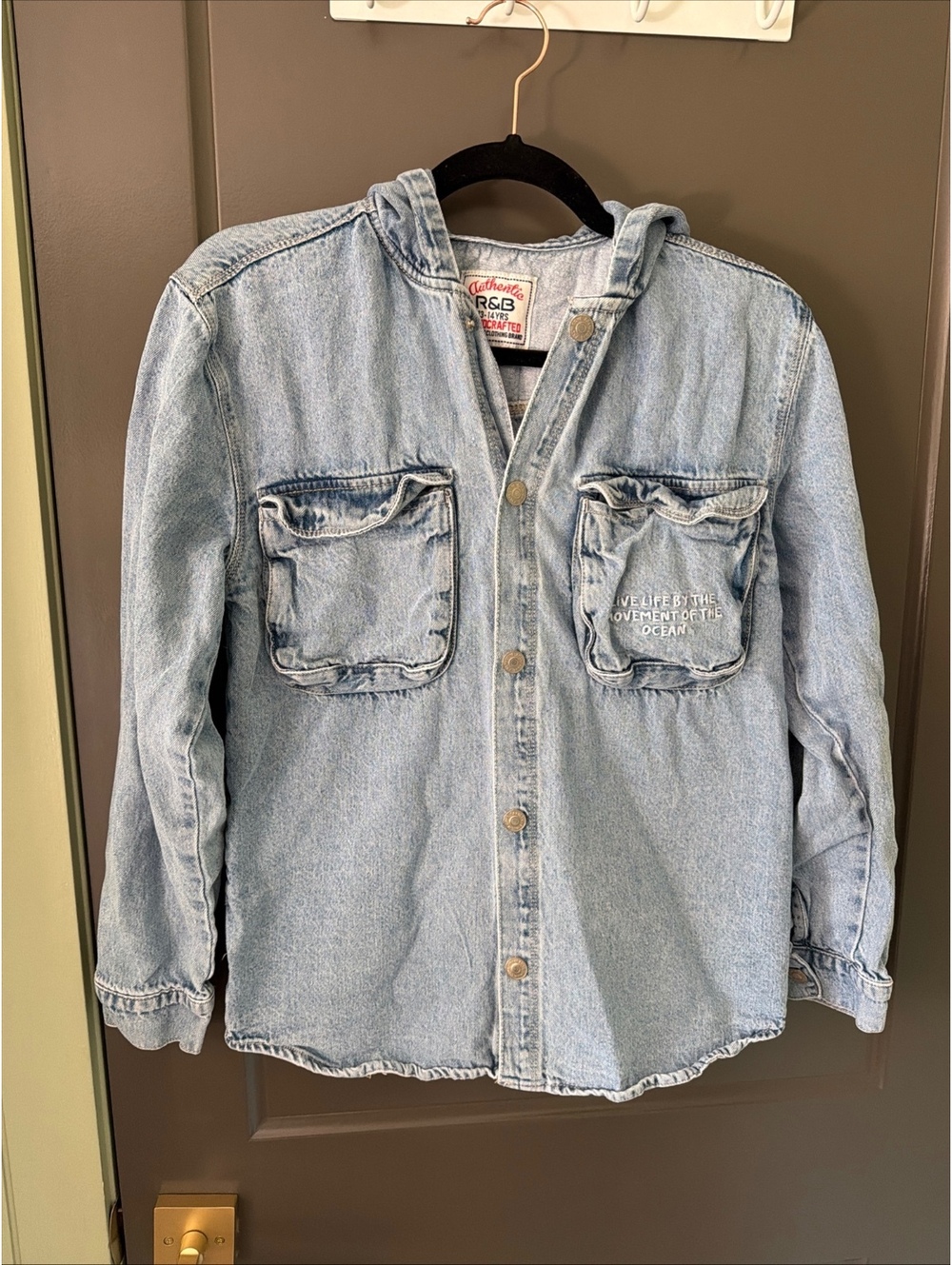 R&B Boys 13-14 Hooded Denim Shirt Jacket, 100% cotton, EUC